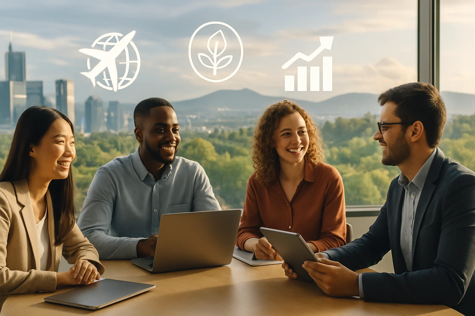 Štyria profesionáli diskutujú pri stole s laptopmi a tabletmi, v pozadí mestská panoráma.