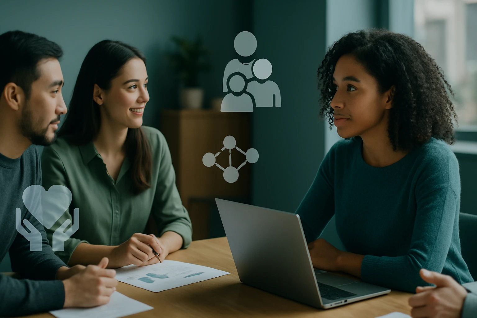 Skupina mladých profesionálov diskutuje pri stole s laptopom a dokumentmi.