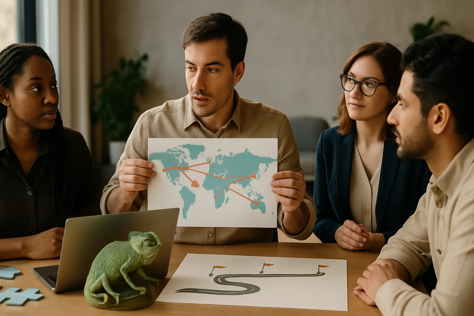 Skupina štyroch profesionálov diskutuje o mapách a stratégiách na stretnutí.