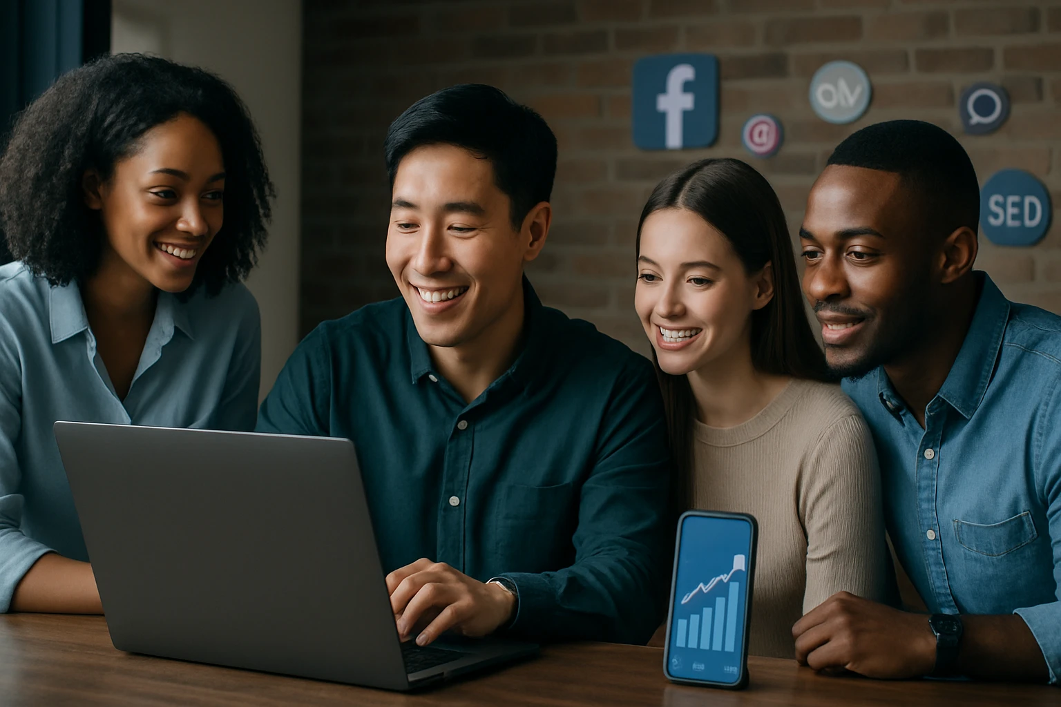 Štyria mladí ľudia sa usmievajú a sledujú graf na laptopoch a mobilných telefónoch.