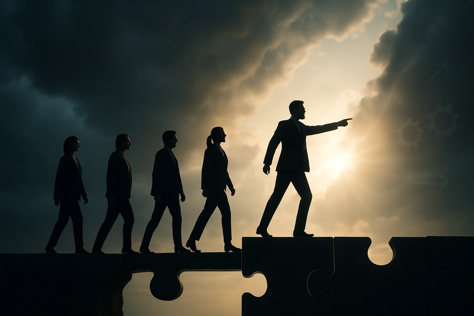 Siluety piatich profesionálov kráčajúcich po puzzle, symbolizujúcich tímovú prácu a úspech.