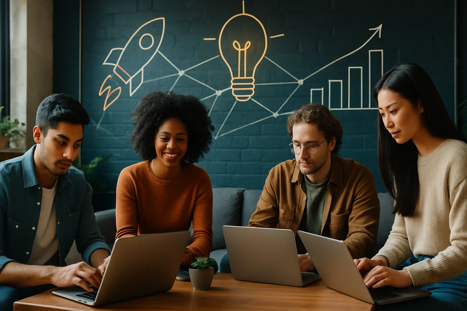 Skupina štyroch mladých profesionálov pracuje na laptopoch v modernom prostredí.