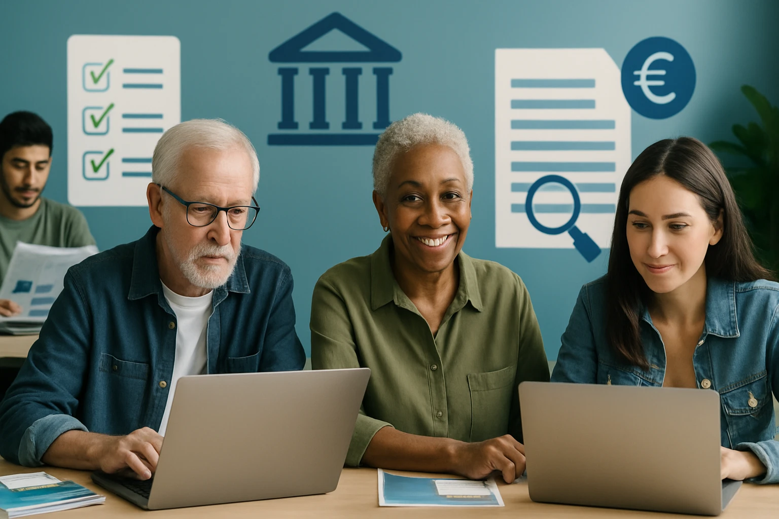 Skupina ľudí pracuje na laptopoch v modernom kancelárskom prostredí.