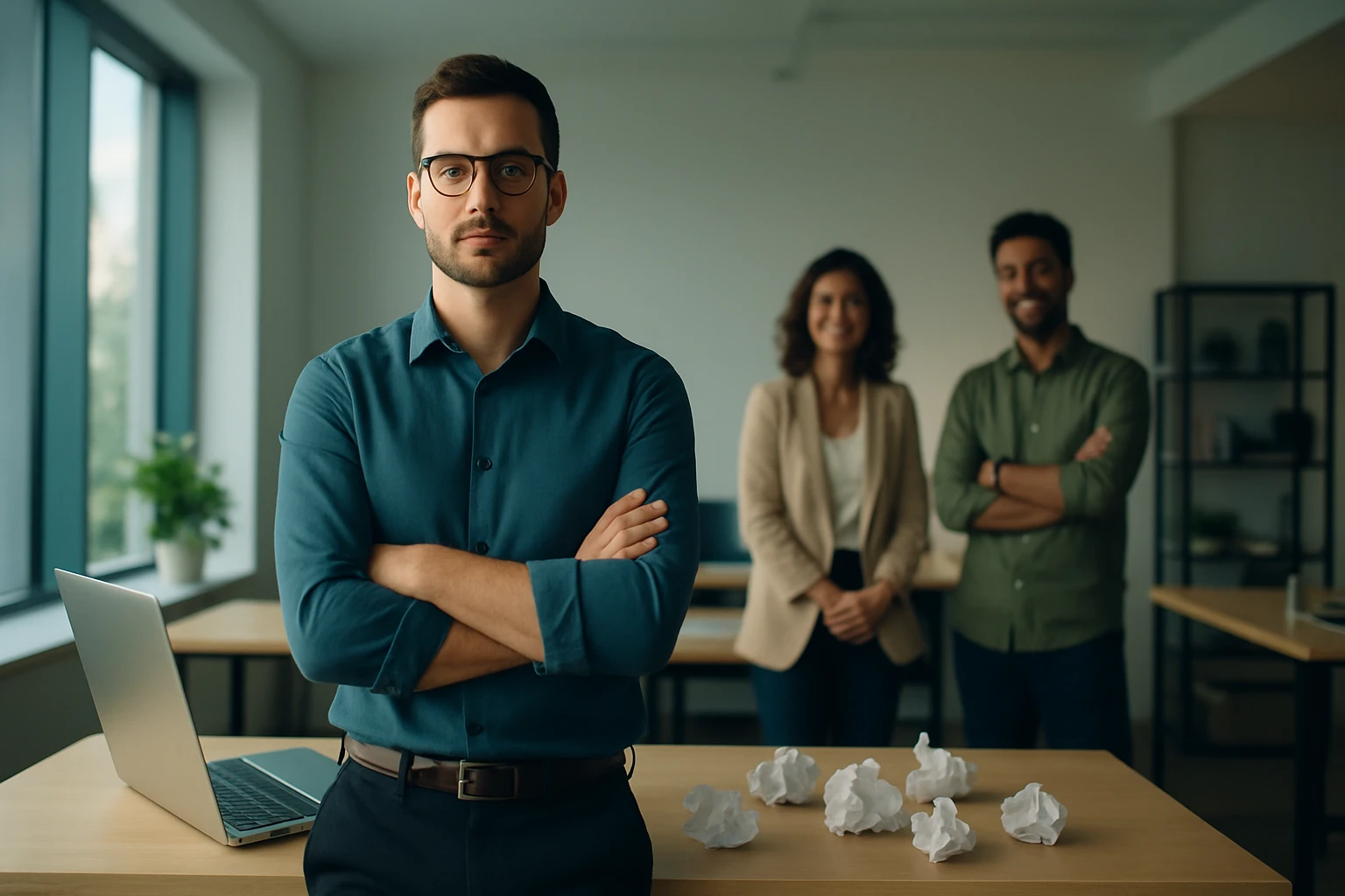 Muž v modrej košeli s okuliarmi stojí pred stolom v kancelárii, za ním sú dvaja kolegovia.