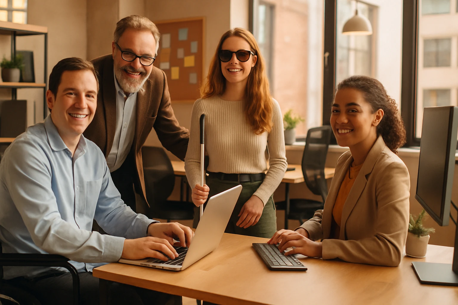 Štyria profesionáli sa usmievajú pri stole v modernom kancelárskom prostredí.
