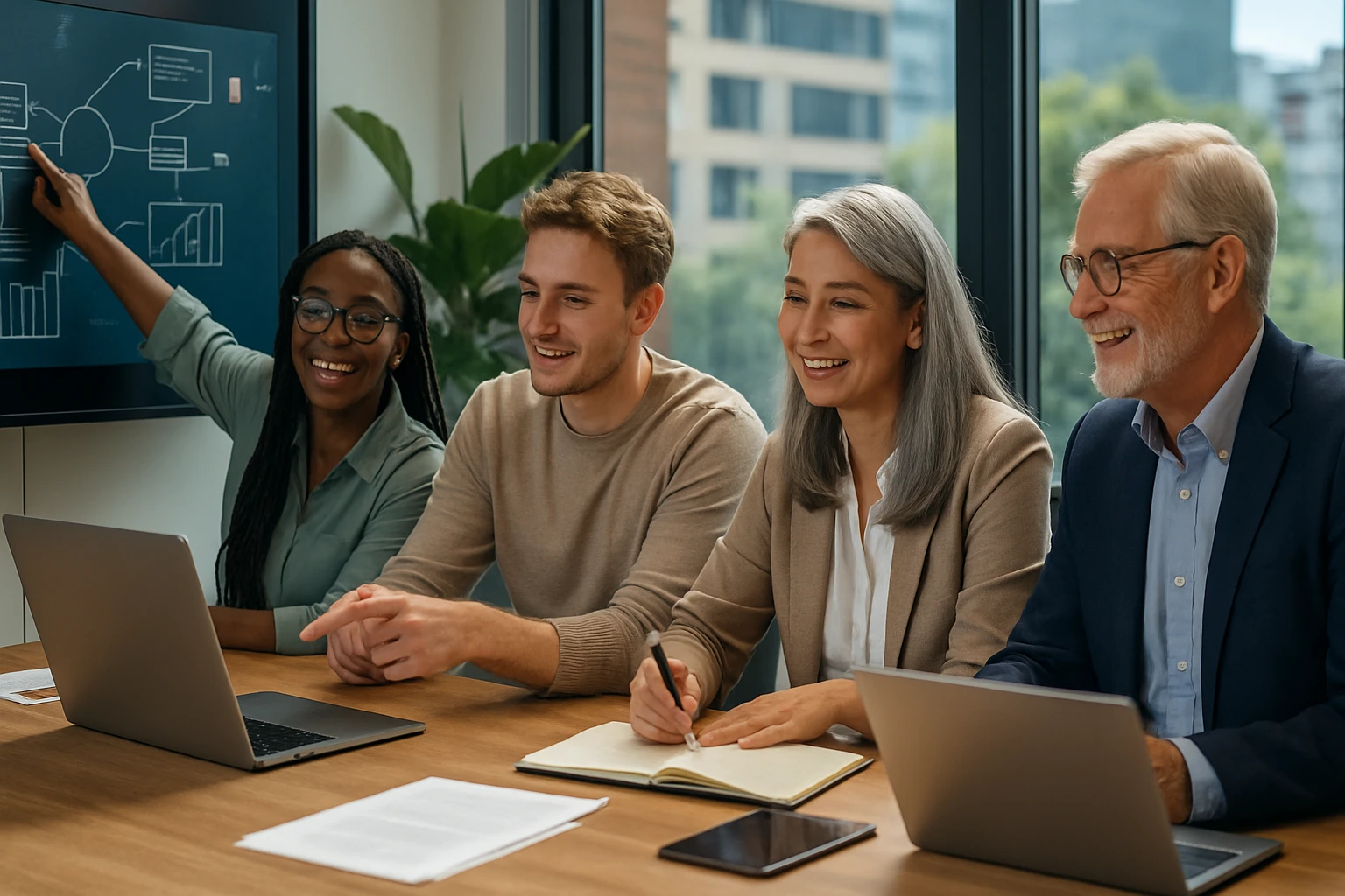 Štyria profesionáli sa zúčastňujú na prezentácii v modernom kancelárskom prostredí.