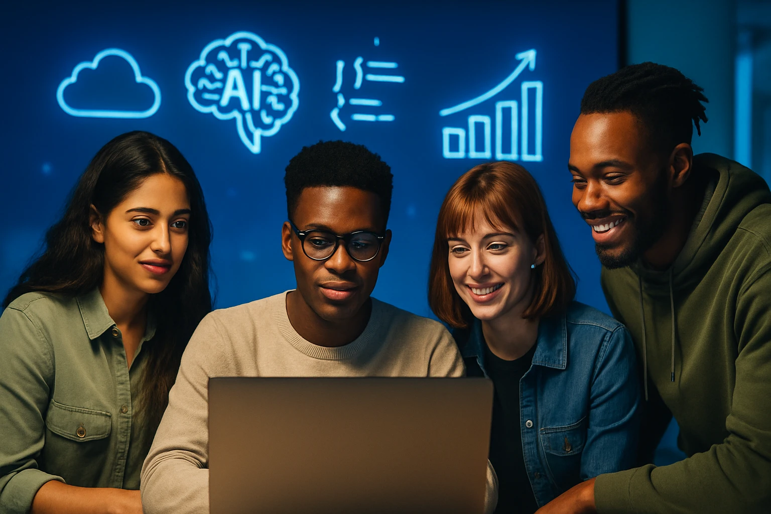 Skupina štyroch mladých profesionálov pracuje na laptopoch s grafmi a AI symbolmi v pozadí.