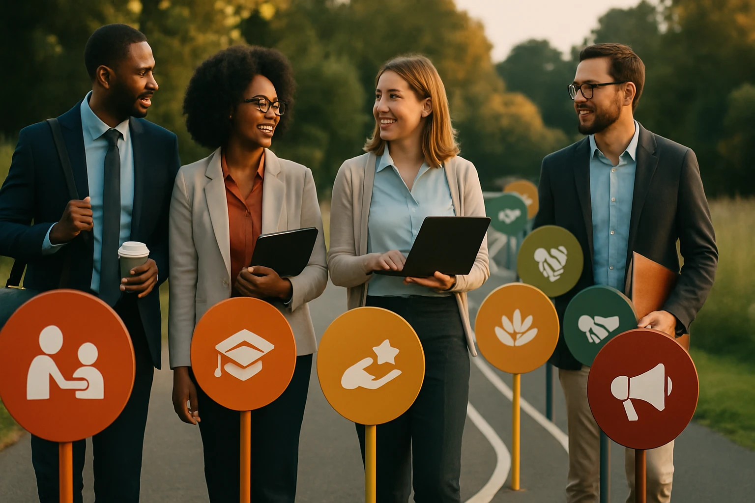 Štyria profesionáli sa usmievajú a diskutujú pri symboloch rôznych tém.