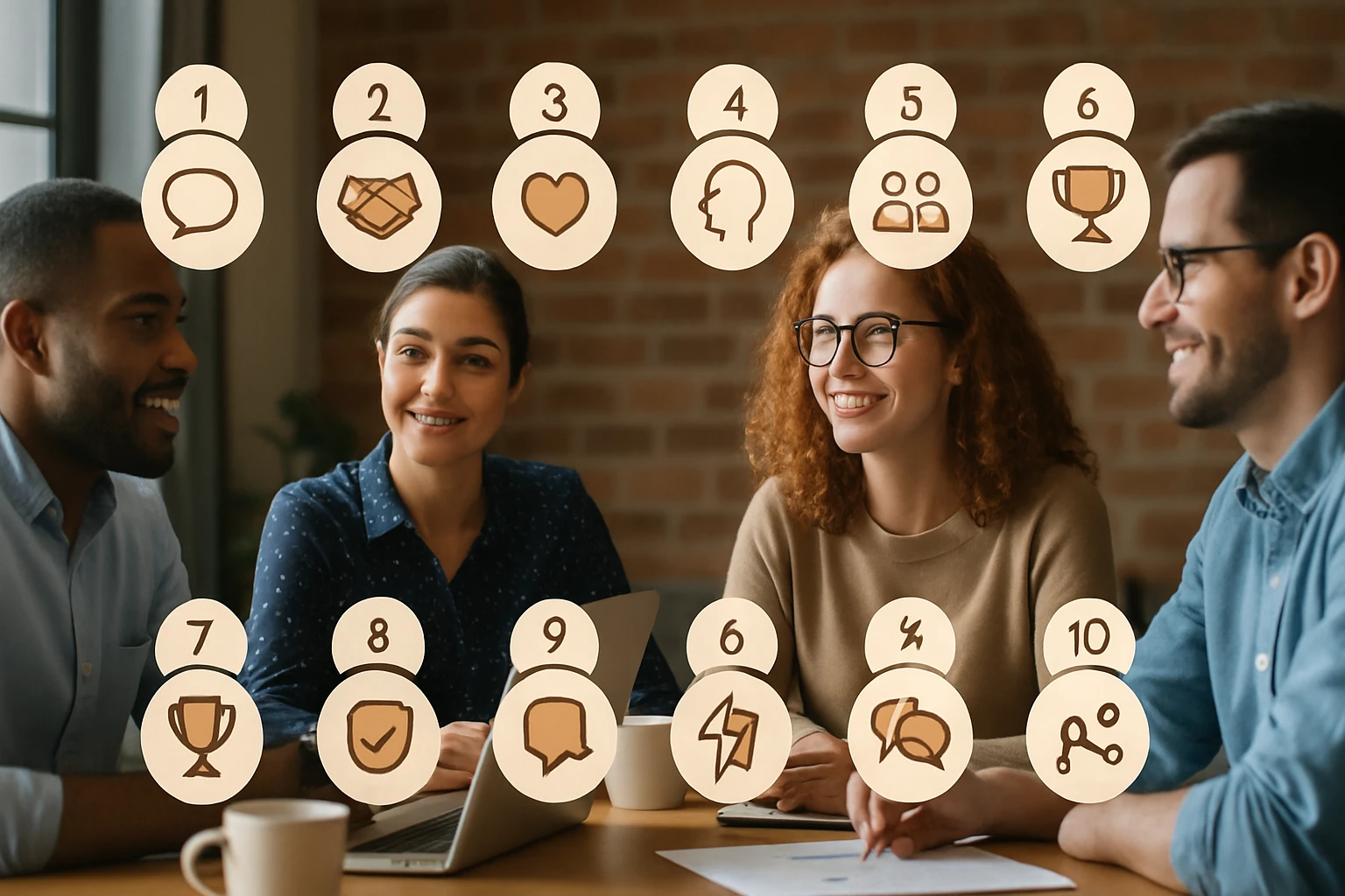 Skupina štyroch profesionálov diskutuje pri stole s ikonami nad hlavami.