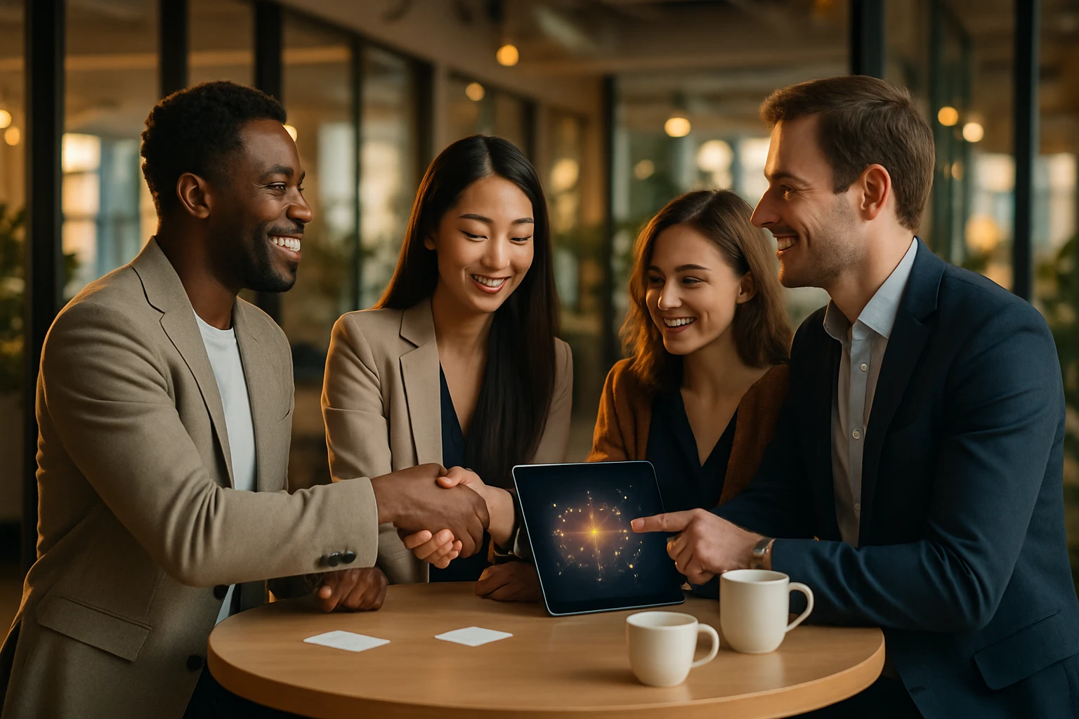 Skupina štyroch profesionálov sa usmieva a diskutuje pri stole.