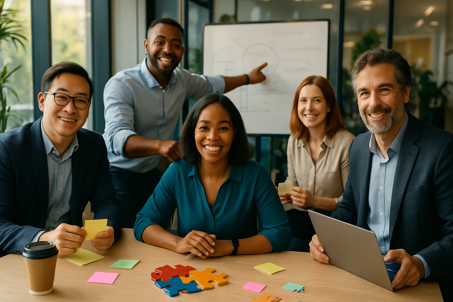 Skupina piatich profesionálov sedí pri stole, usmievajú sa a diskutujú.