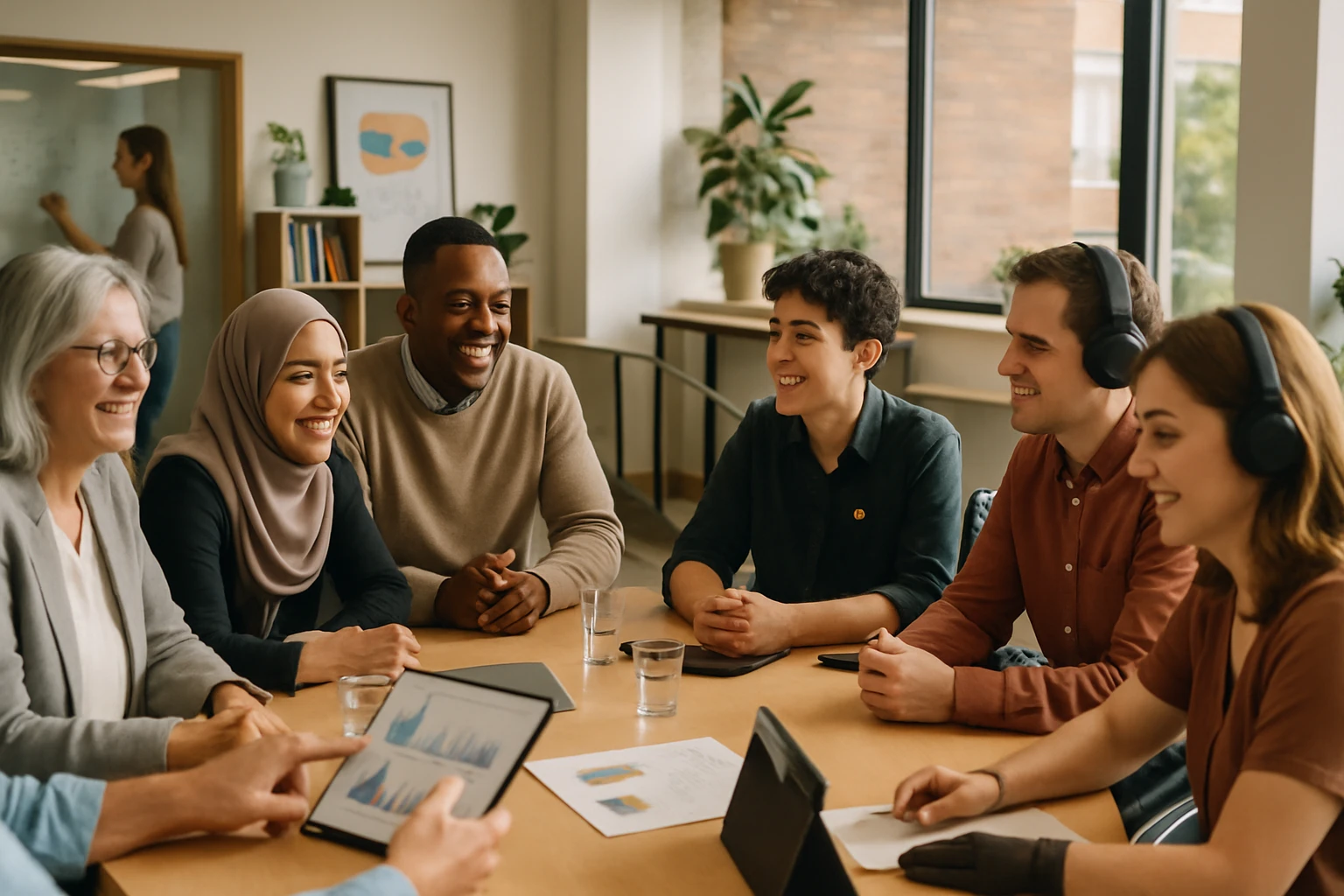 Skupina šiestich ľudí sedí pri stole a diskutuje, niektorí majú slúchadlá.