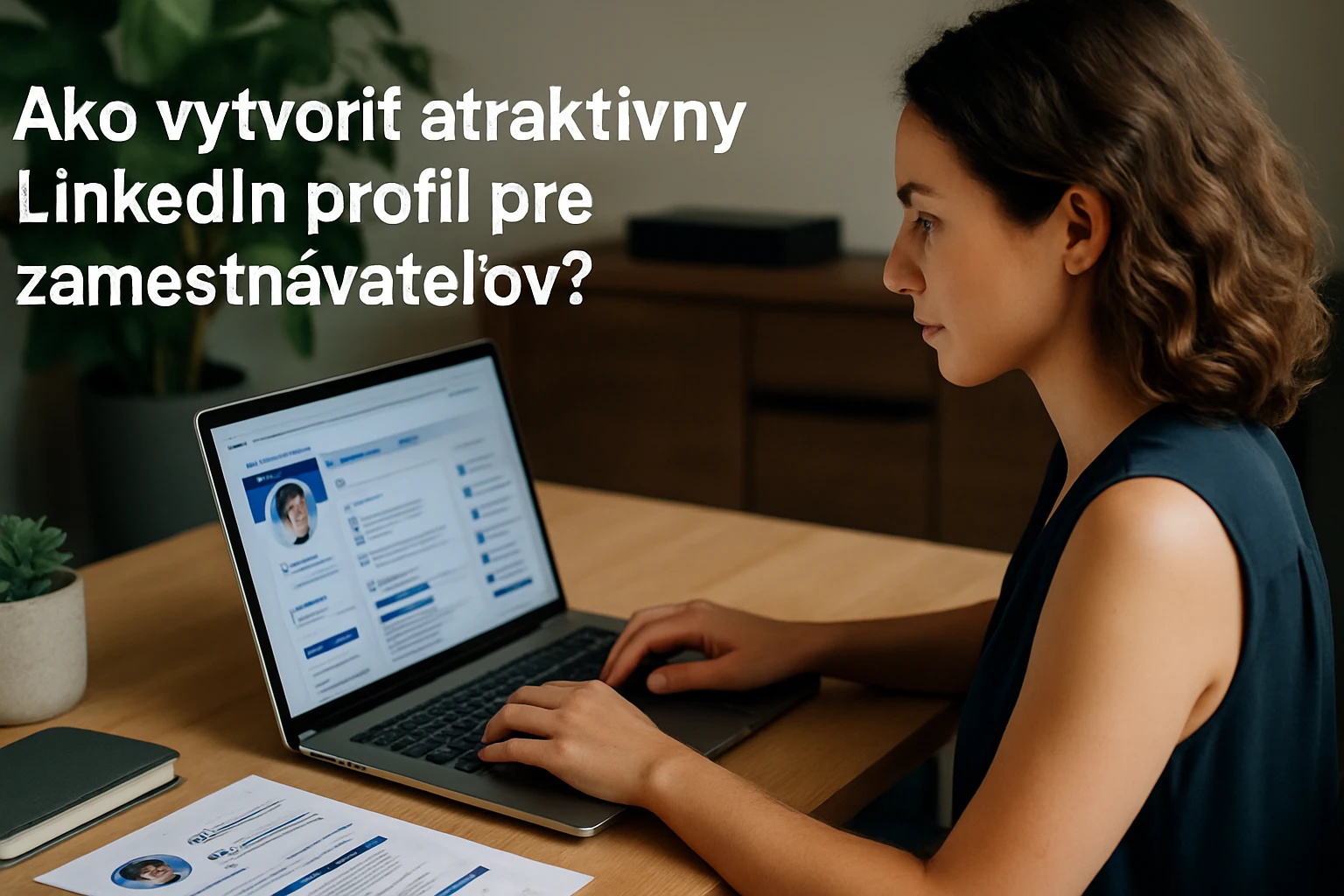 Žena sedí pri stole a pracuje na svojom LinkedIn profile na laptopu.