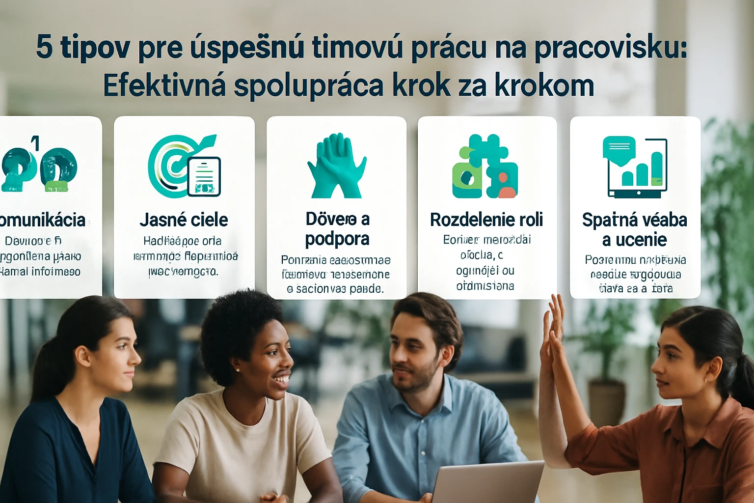 Skupina štyroch profesionálov diskutuje o efektívnej tímovej práci v kancelárii.