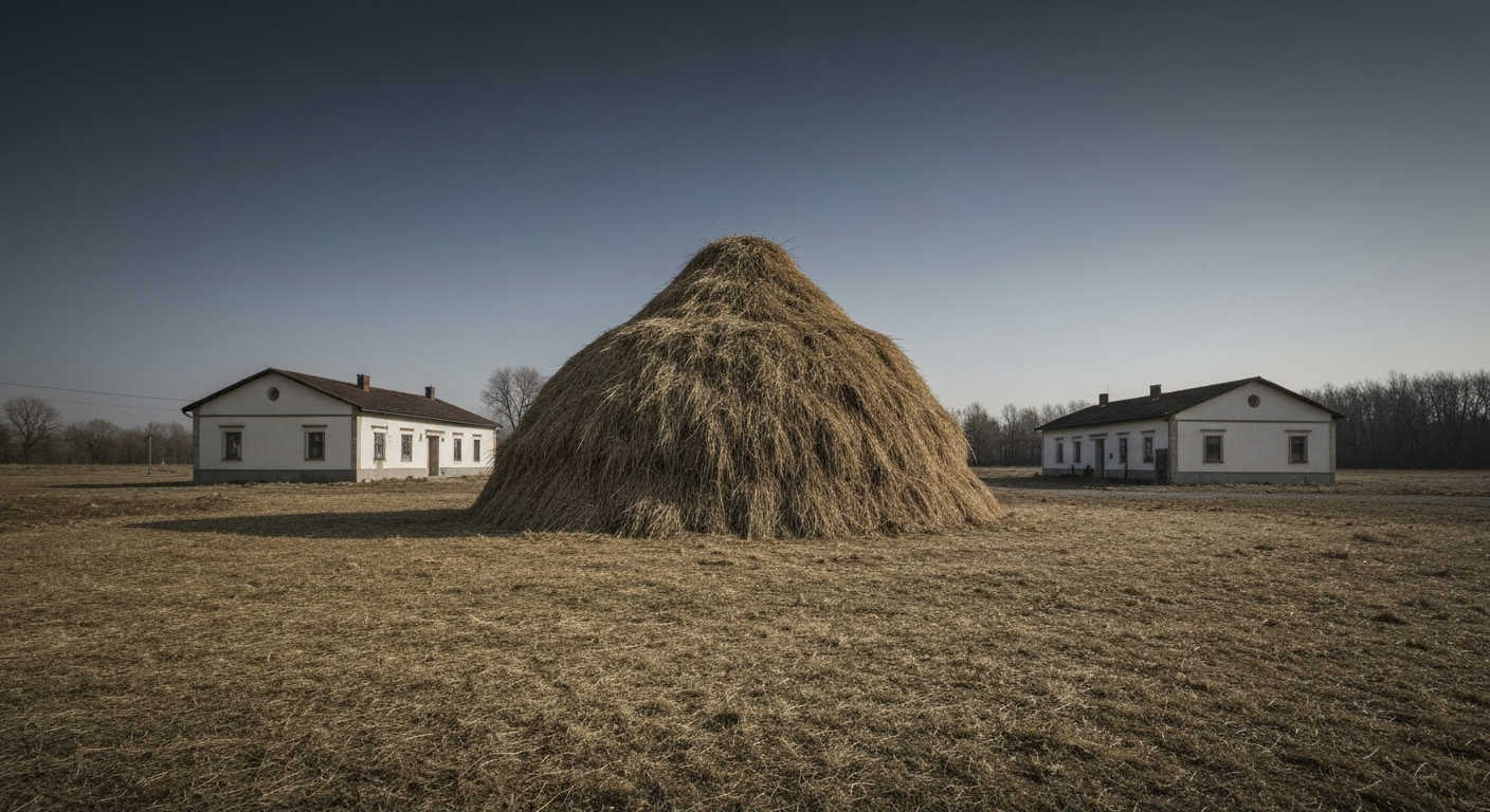 Na obrázku je hromada slamy medzi dvoma bielymi budovami na prázdnom poli.