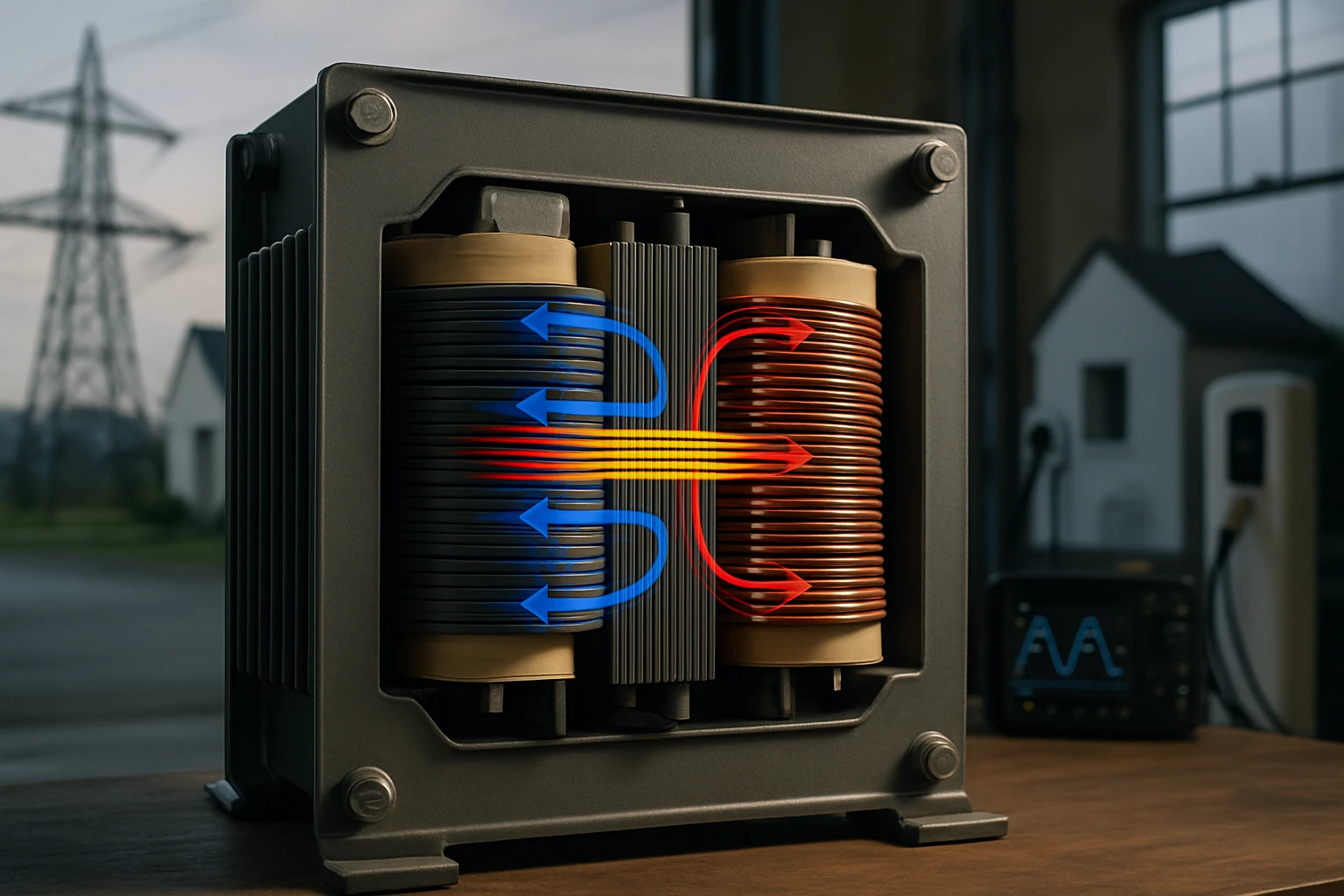 Detailný pohľad na transformátor s farebnými šípkami znázorňujúcimi prúdenie energie.