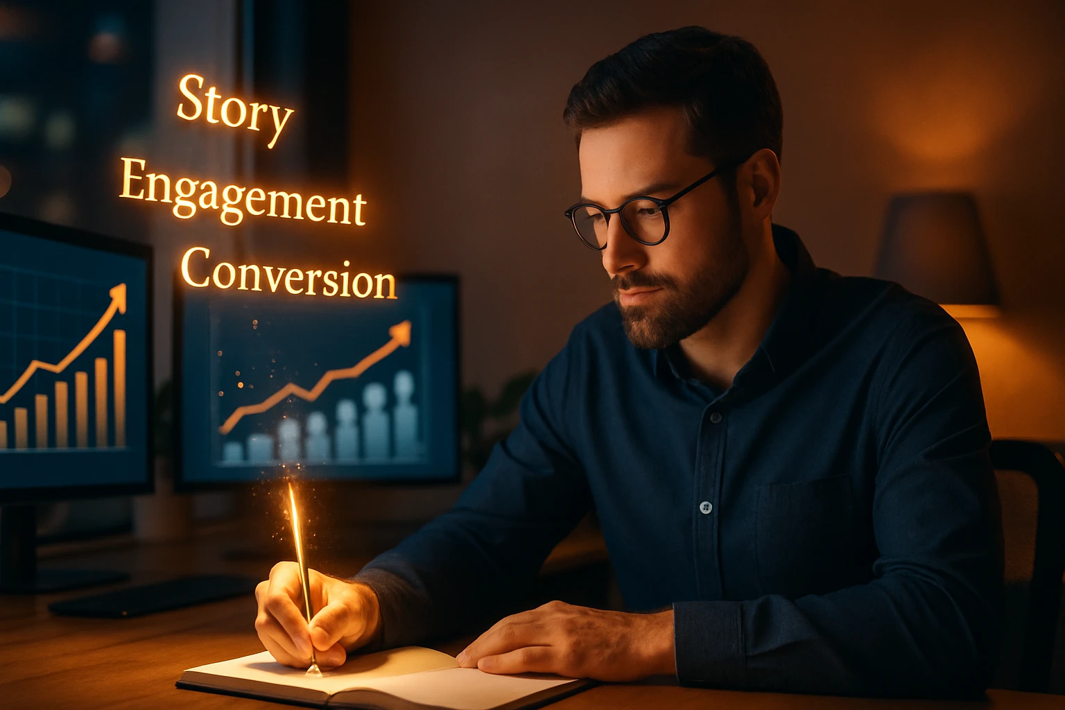 Muž píše do zápisníka, zatiaľ čo na obrazovkách sú grafy rastu.