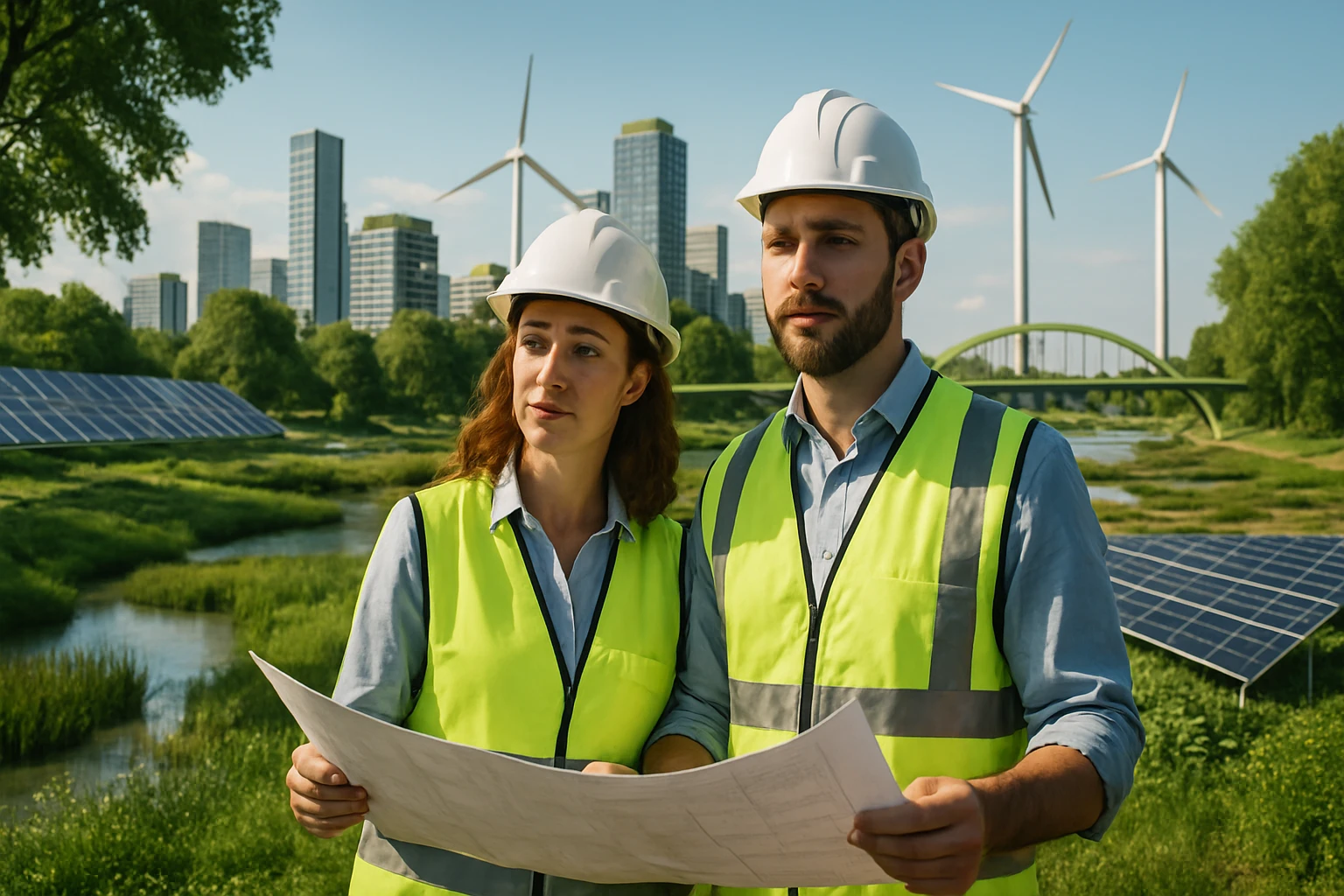 Dvojica pracovníkov v ochranných vestách a helmách prezerajú plány pri solárnych paneloch a veterných turbínach.