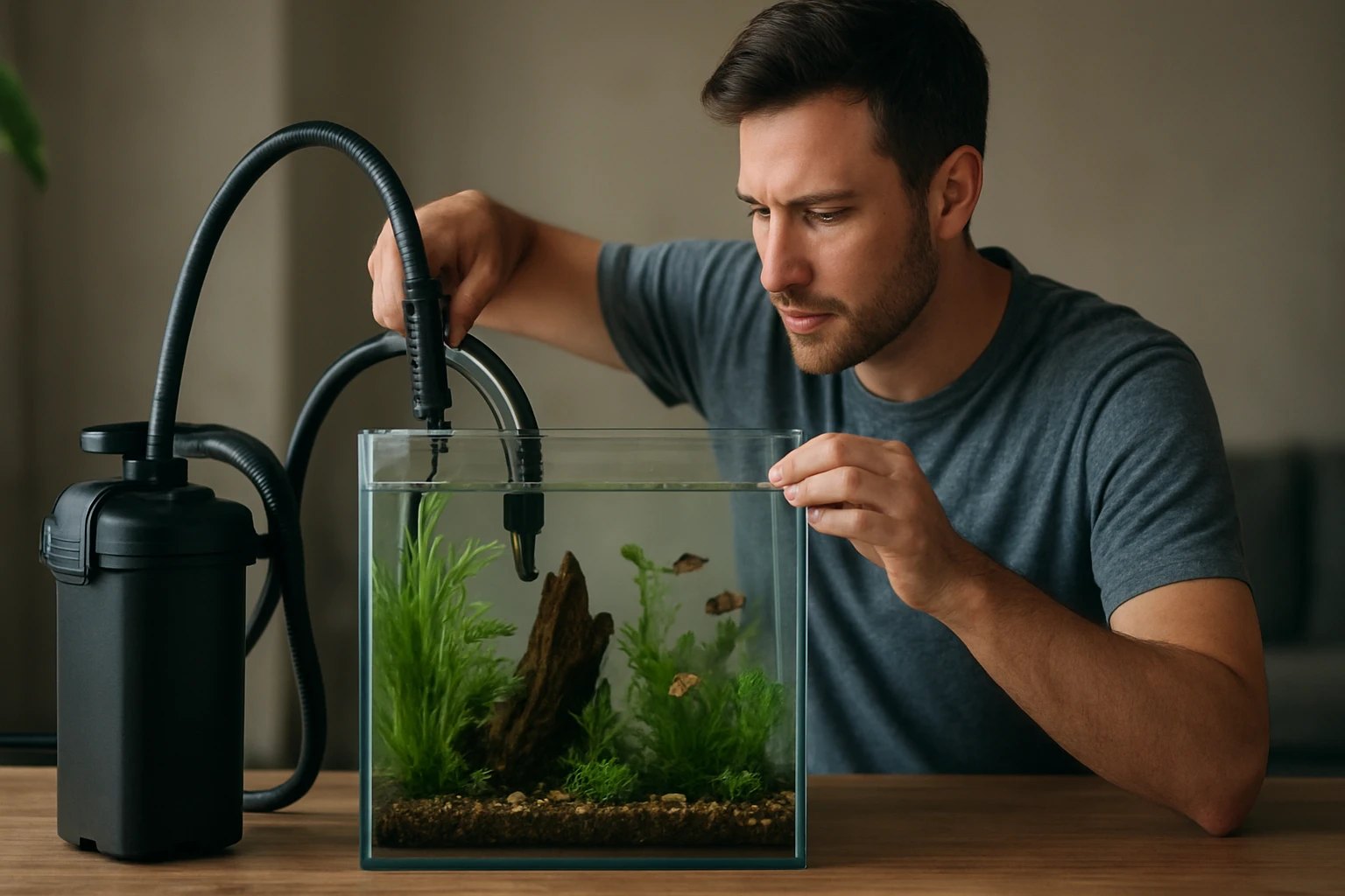 Muž čistí akvárium s rastlinami a rybami pomocou filtračného zariadenia.