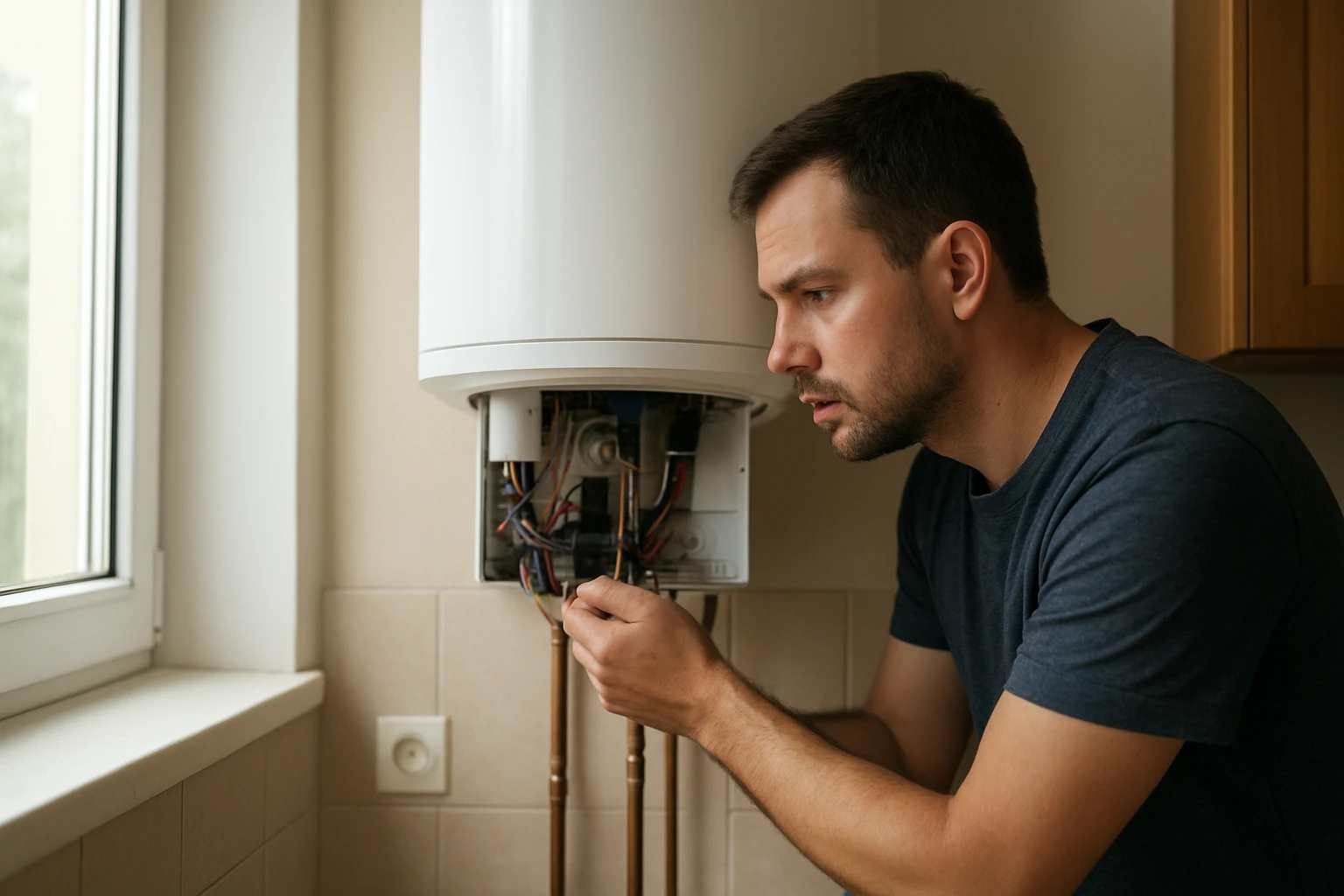 Muž kontroluje elektrický bojler, sústredene sa pozerá na káble.