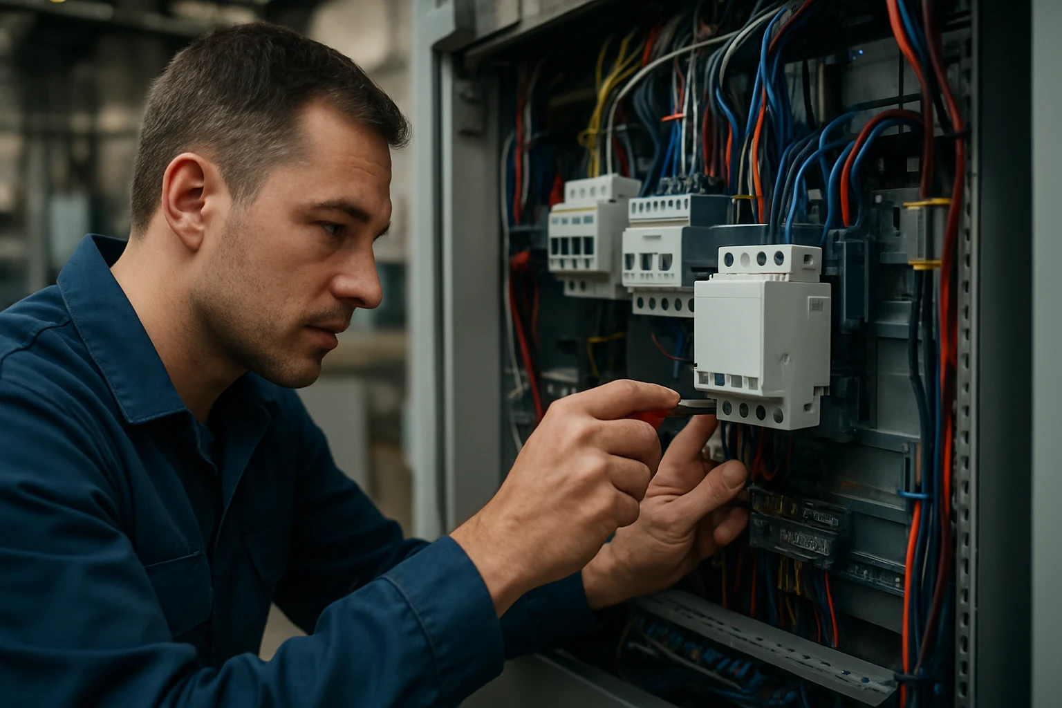 Muž pracuje na elektrickej rozvodnej skrini, upravuje elektrické komponenty.