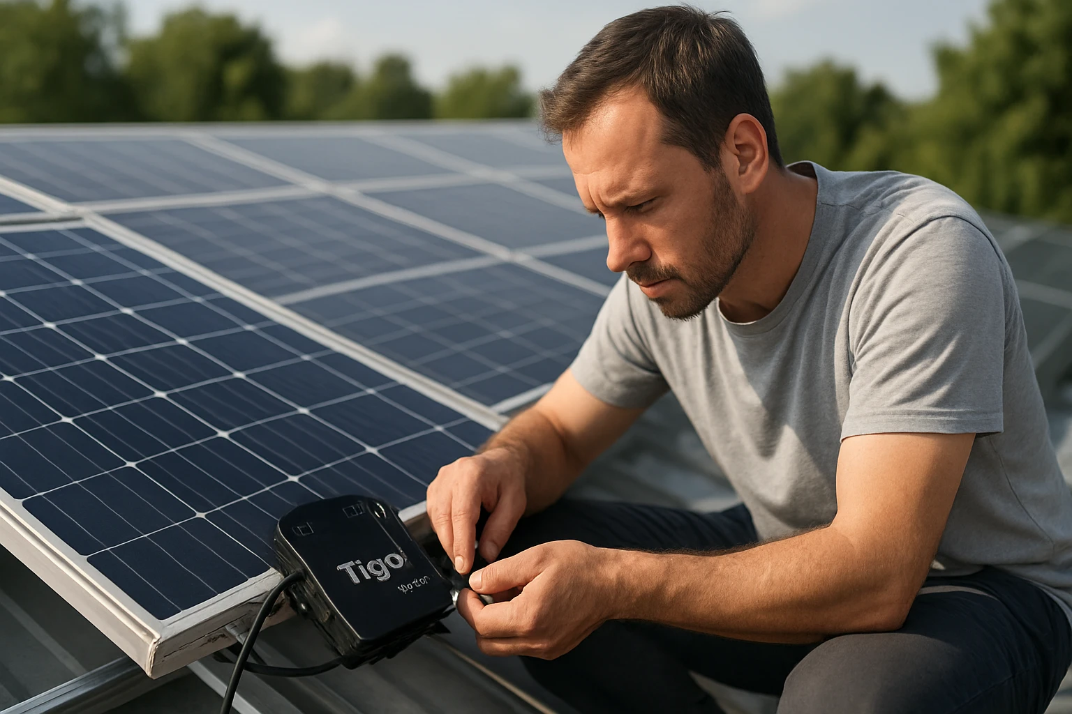 Muž pracuje na solárnom paneli, kontroluje pripojenie zariadenia Tigo.