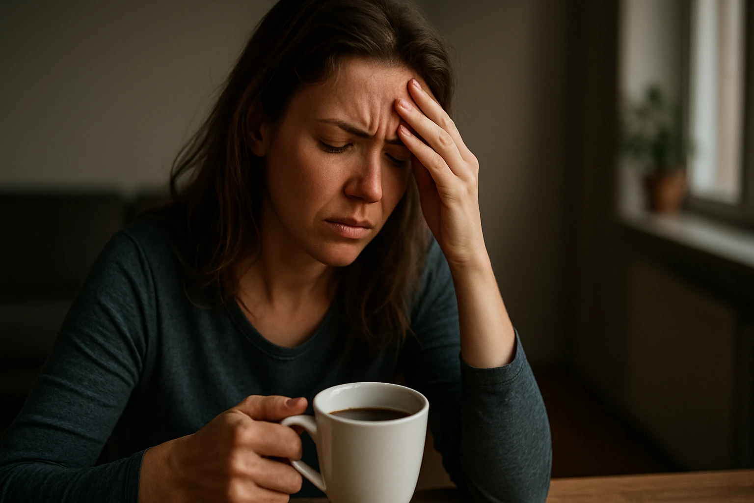 Žena s bolestivým výrazom na tvári, drží šálku kávy a má ruku na čele.