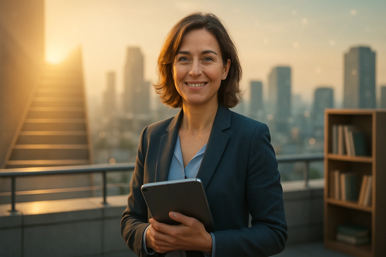 Žena v obleku s tabletom, usmievajúca sa na pozadí mestských mrakodrapov.