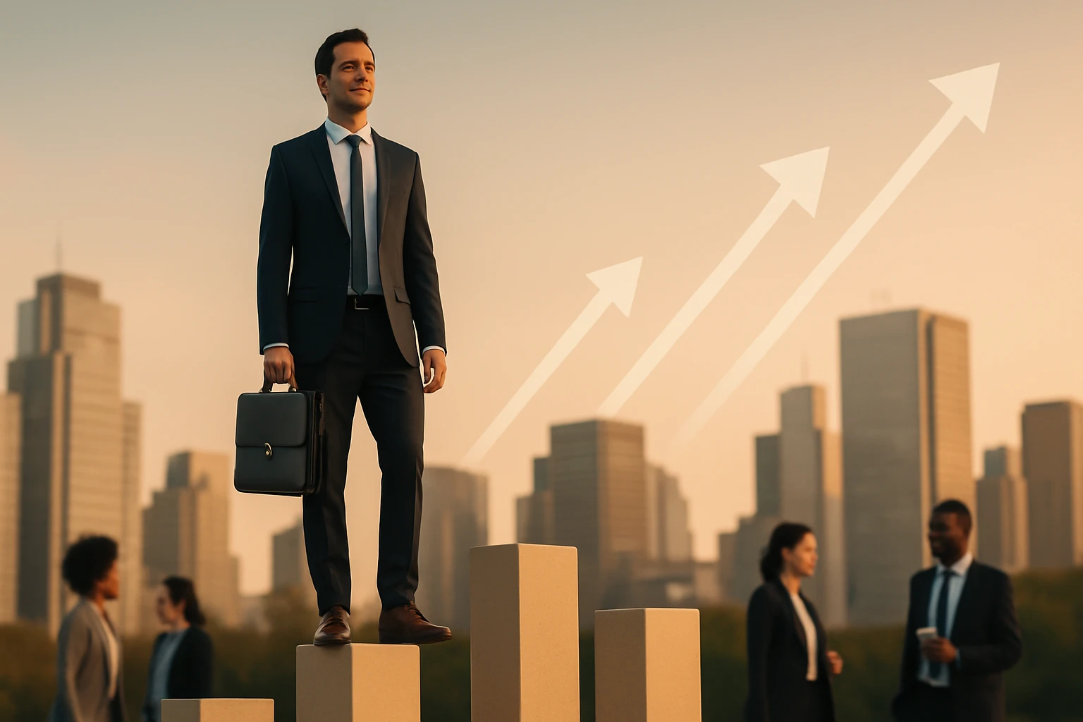 Muž v obleku stojí na vrchole stĺpca s mestskou panorámou v pozadí.