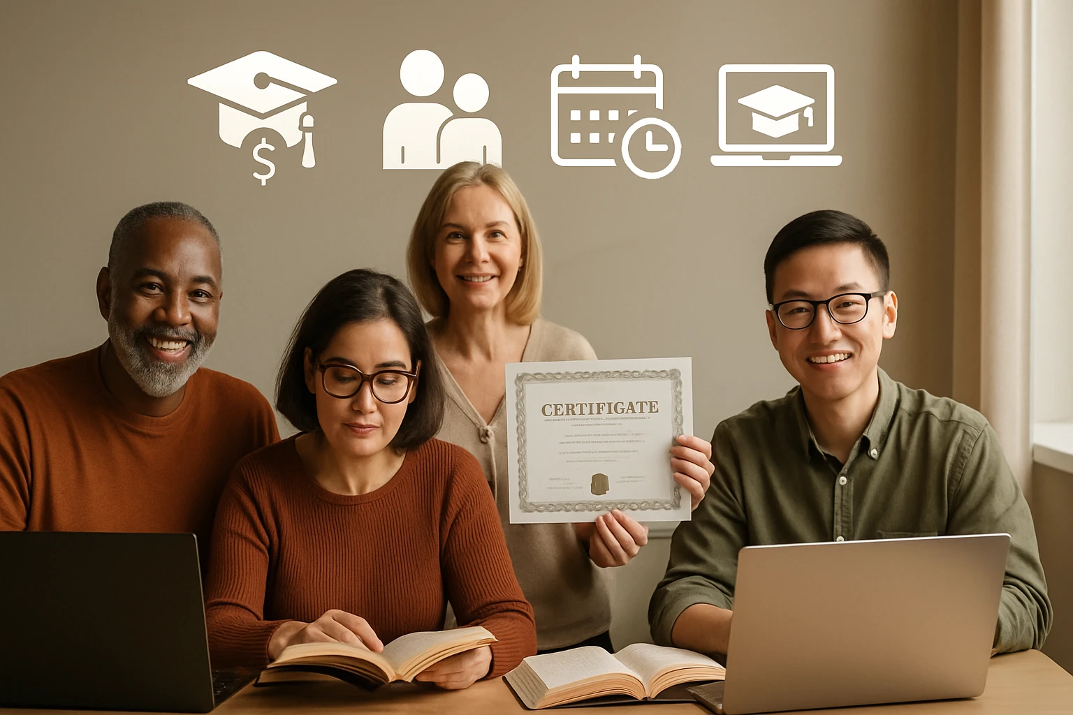 Skupina štyroch ľudí sedí pri stole, jeden drží certifikát, ostatní sa usmievajú.
