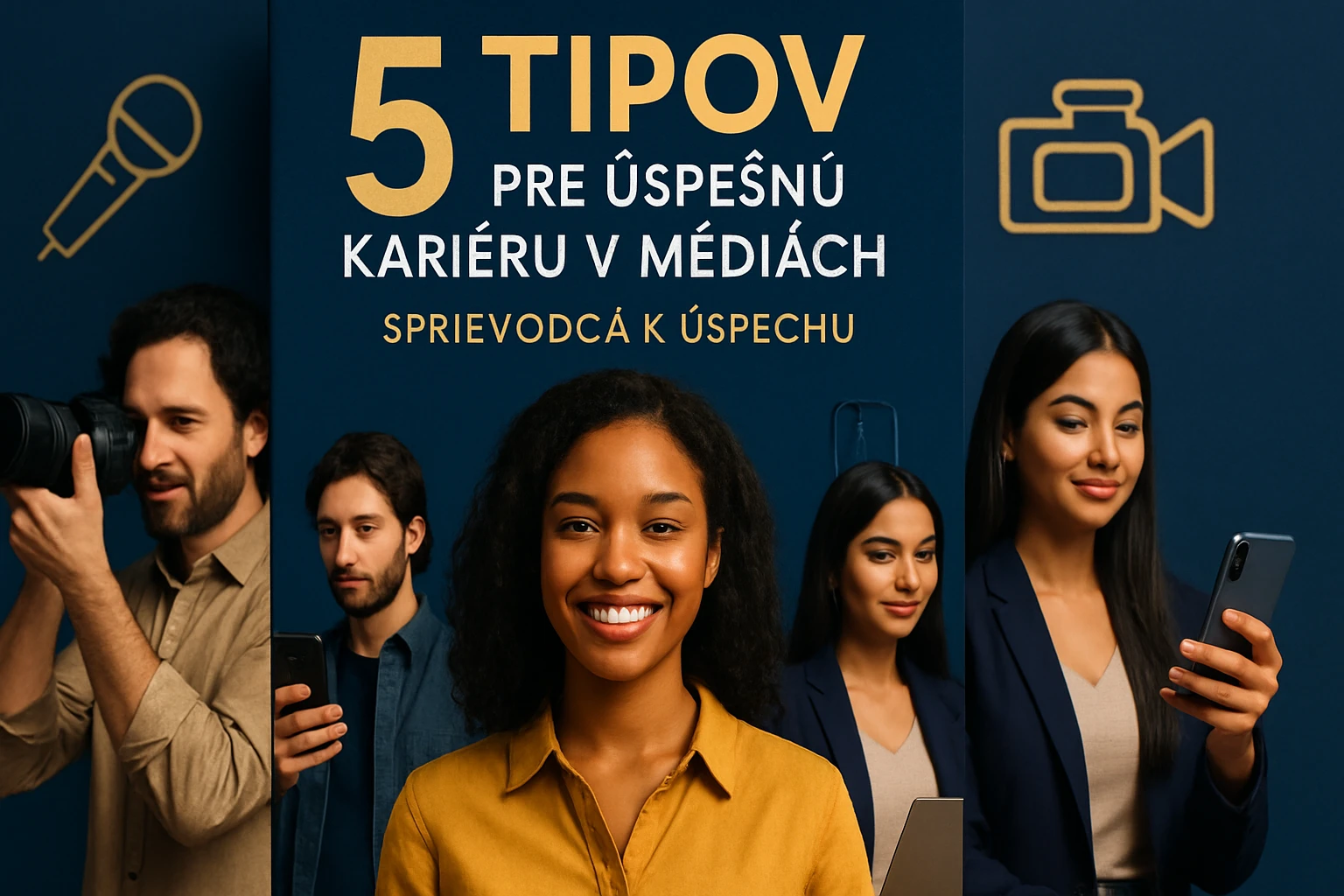 Skupina mladých profesionálov v médiách, ktorí sa usmievajú a pracujú s technológiou.