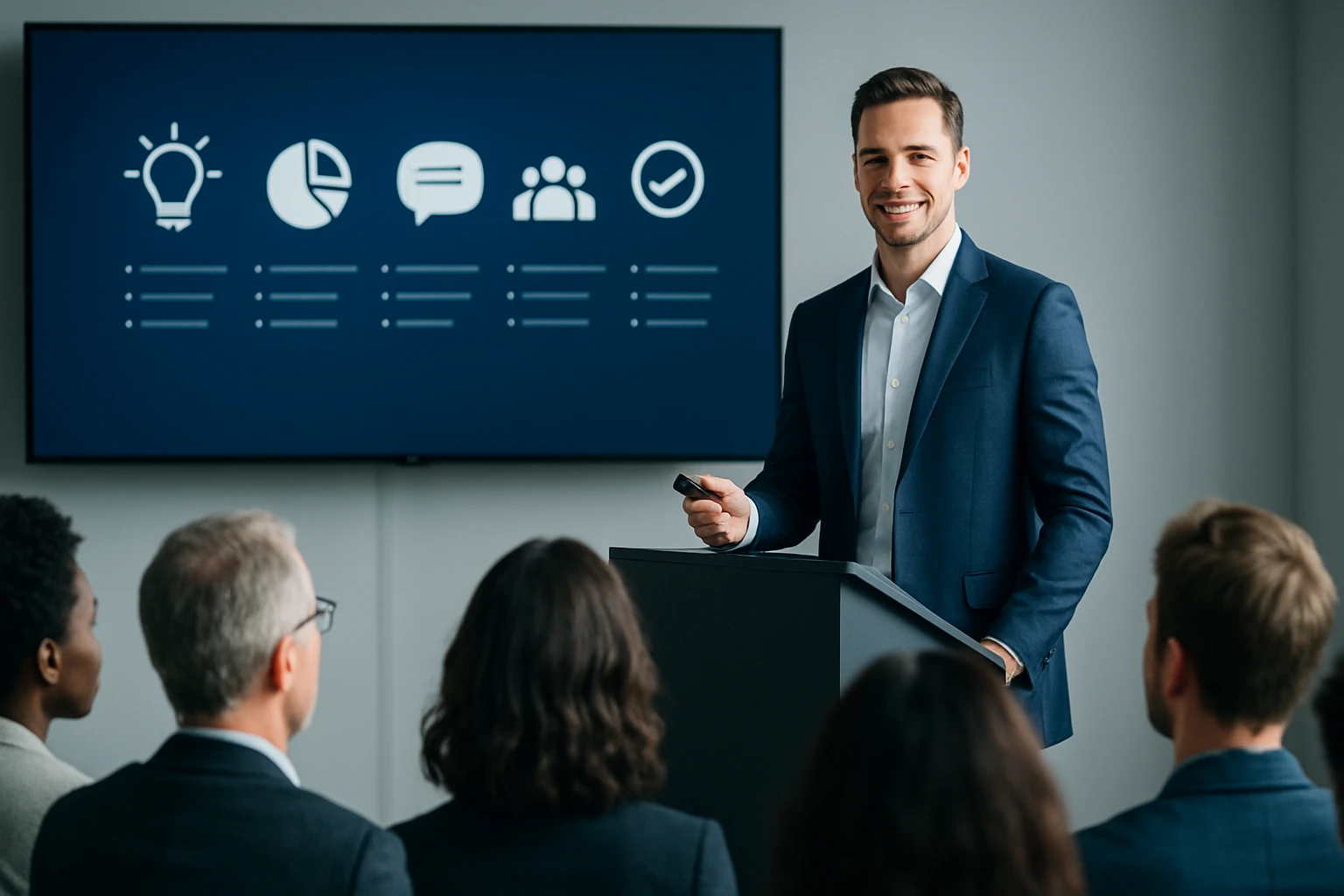 Muž v obleku prezentuje pred skupinou ľudí na konferencii.