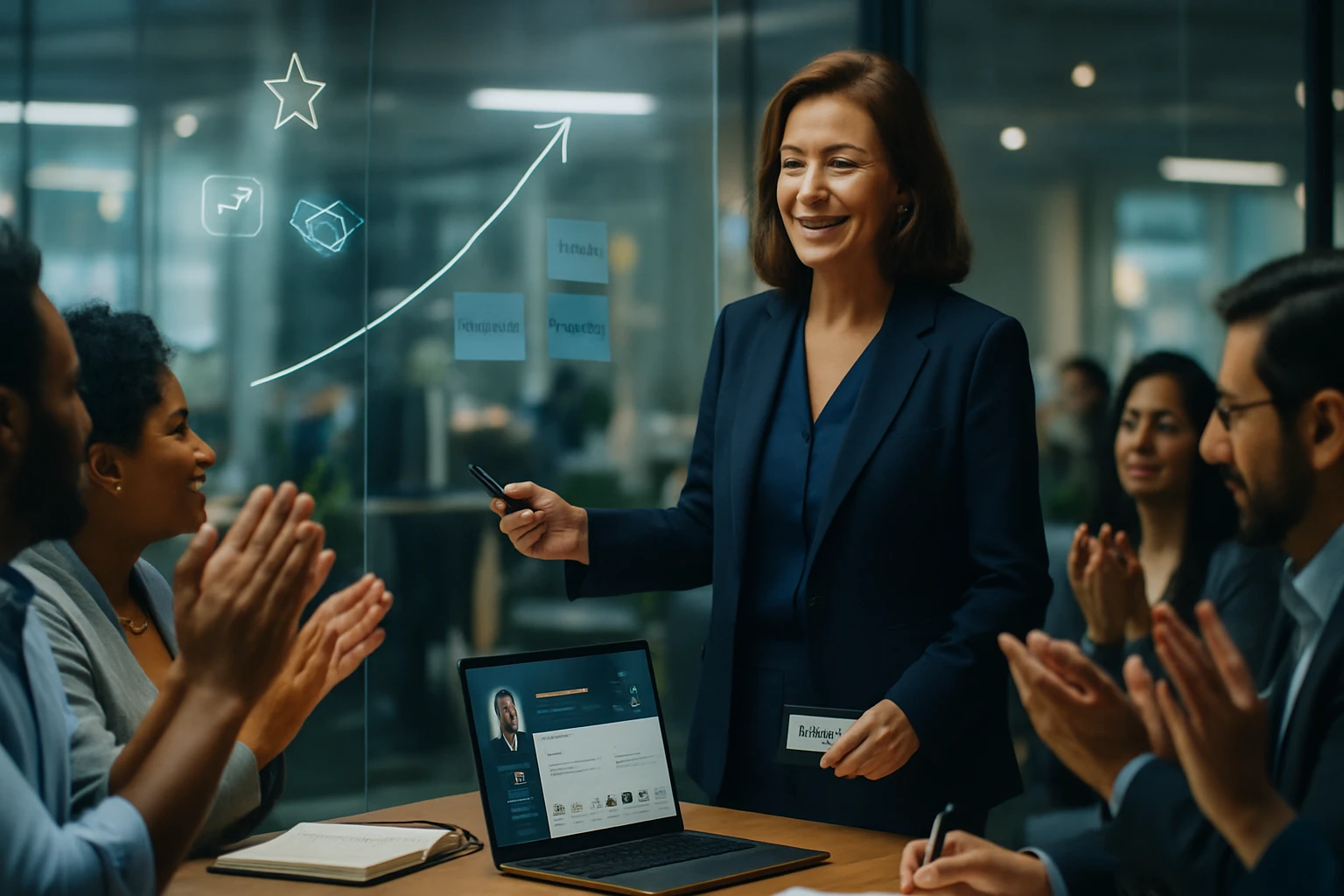 Žena v obleku prezentuje nápady pred skupinou nadšených kolegov.