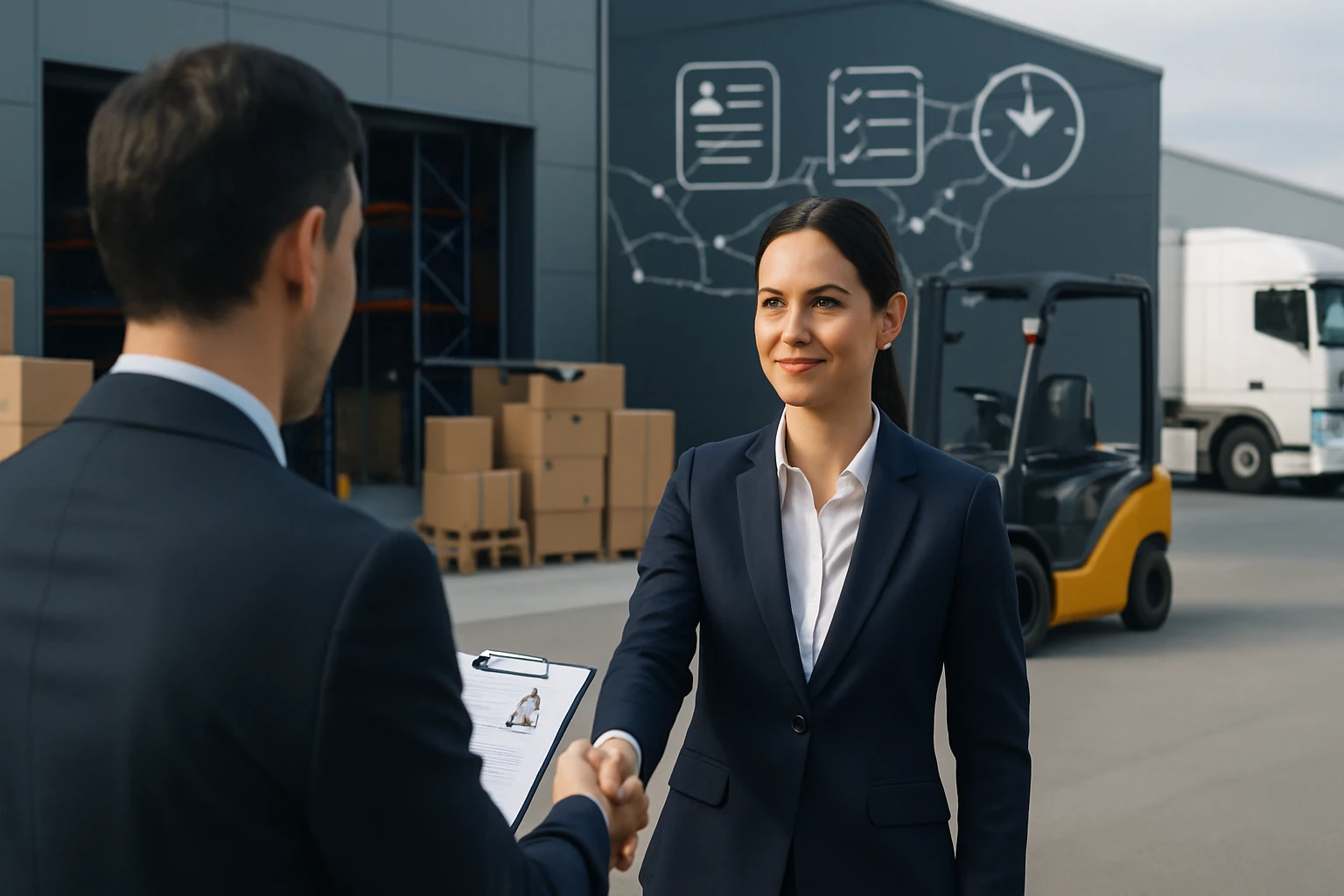 Dve osoby v obleku si podávajú ruku na logistickom dvore s nákladnými vozidlami.