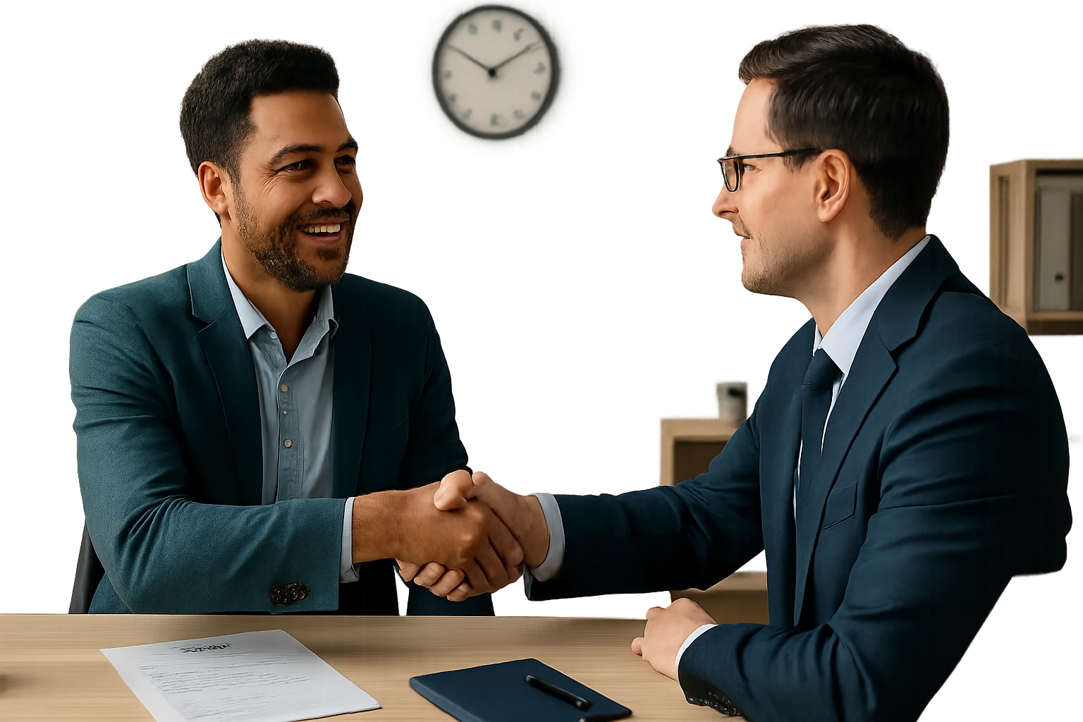 Dva muži sa podávajú ruku pri obchodnom stretnutí, usmievajú sa.