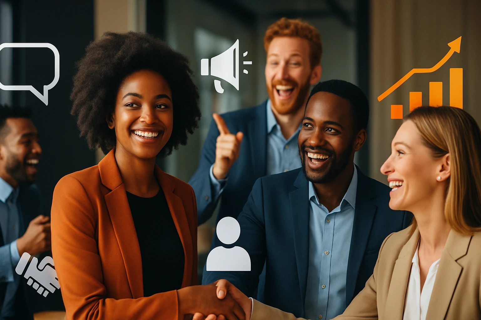 Skupina profesionálov sa usmieva a podáva si ruky v kancelárii.