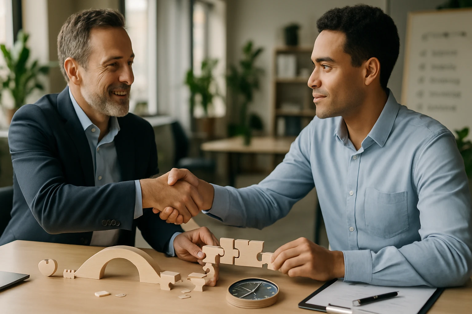 Dva muži si podávajú ruku pri rokovaní, na stole sú drevené puzzle a hodiny.