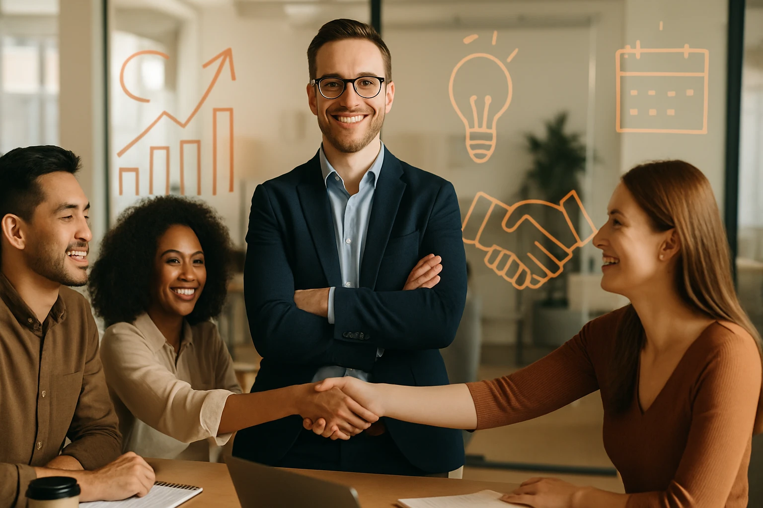 Skupina profesionálov diskutuje a uzatvára dohodu v modernom kancelárskom prostredí.