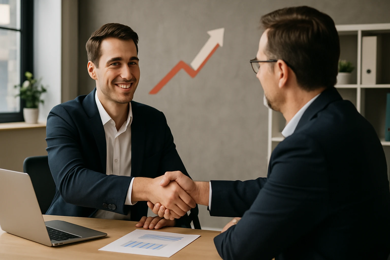 Dva muži sa podávajú ruku pri rokovaní v kancelárii s grafom na stene.