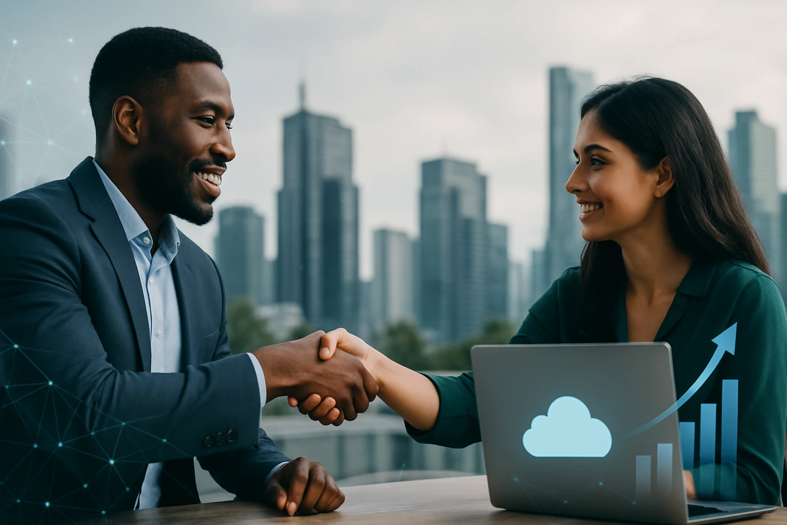 Dva profesionáli si podávajú ruky pri rokovaní s mestskou panorámou v pozadí.