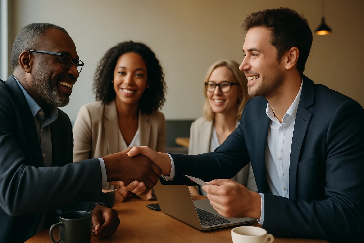 Skupina profesionálov sa usmieva a podáva si ruky pri rokovaní.