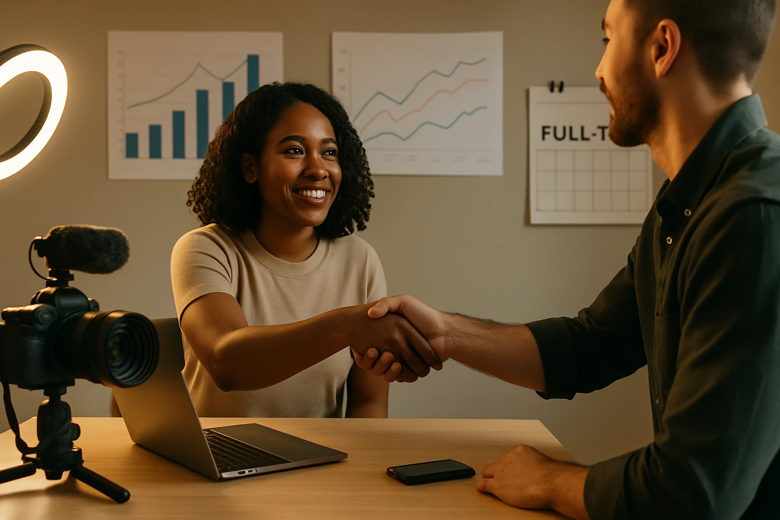 Žena s kučeravými vlasmi sa usmieva a podáva ruku mužovi pri stole.