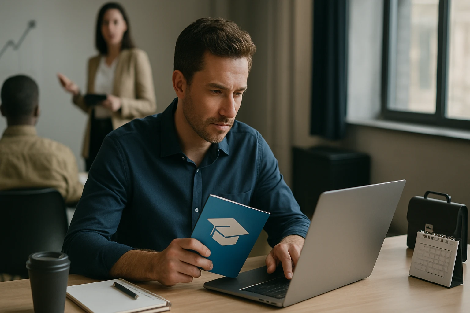 Muž pracuje na laptopu, kezében diplomát szimbolizáló könyvvel.