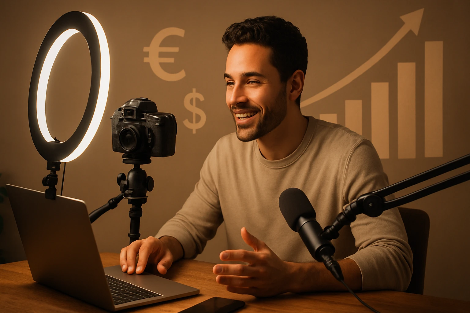 Mladý muž videohovorí, laptop előtt, fénygyűrű és kamera mellett.