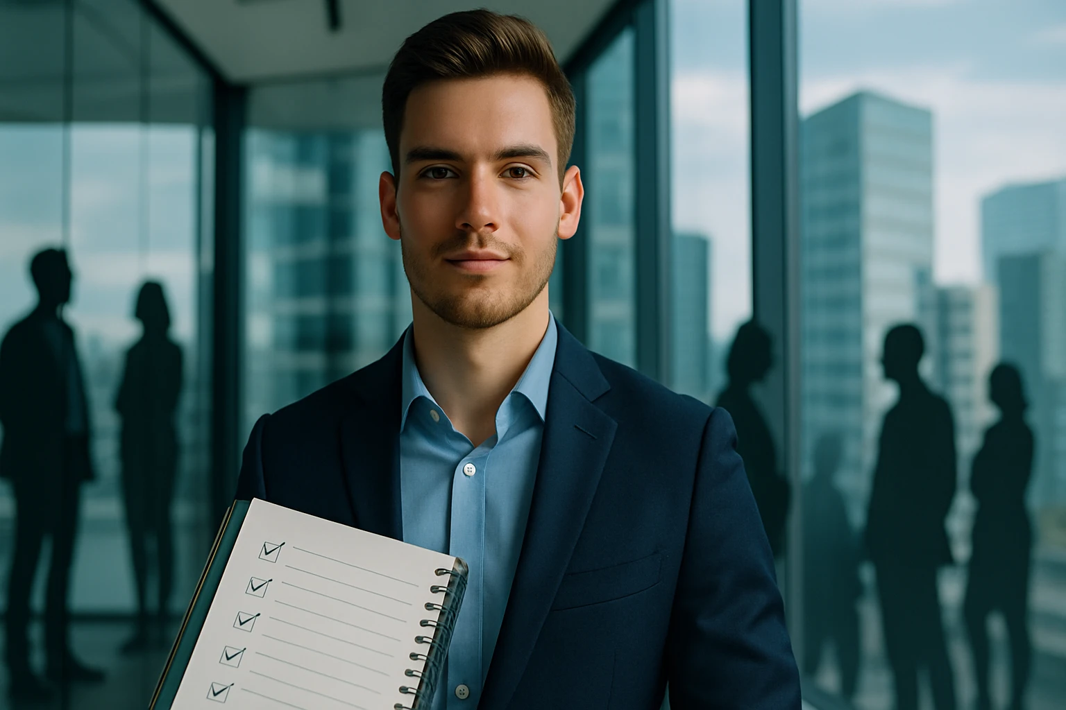 Mladý muž v obleku drží zápisník s kontrolným zoznamom v modernom kancelárskom prostredí.