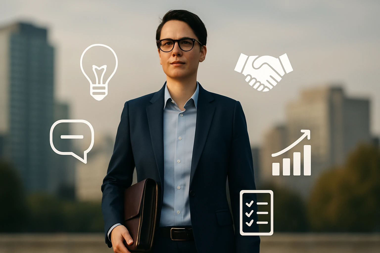Osoba v obleku s aktovkou, pozadie s mestskou scenériou a ikonami symbolizujúcimi biznis.