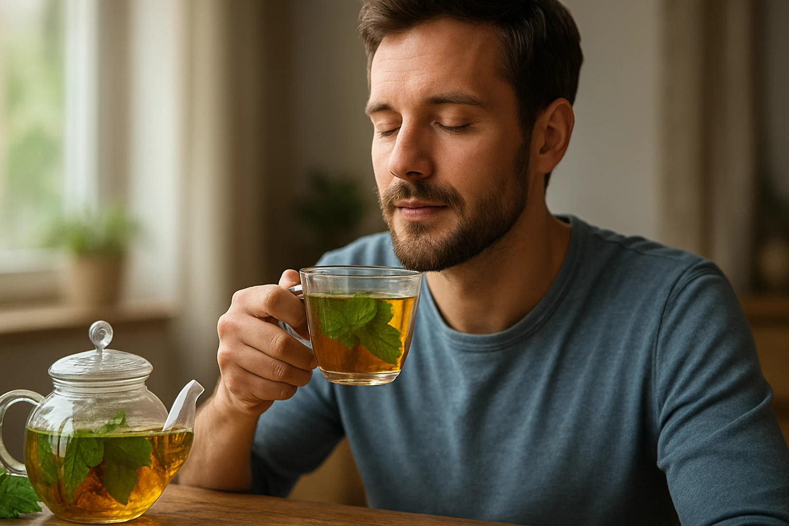 Muž s uzavretými očami vychutnáva si šálku bylinkového čaju s mätou.