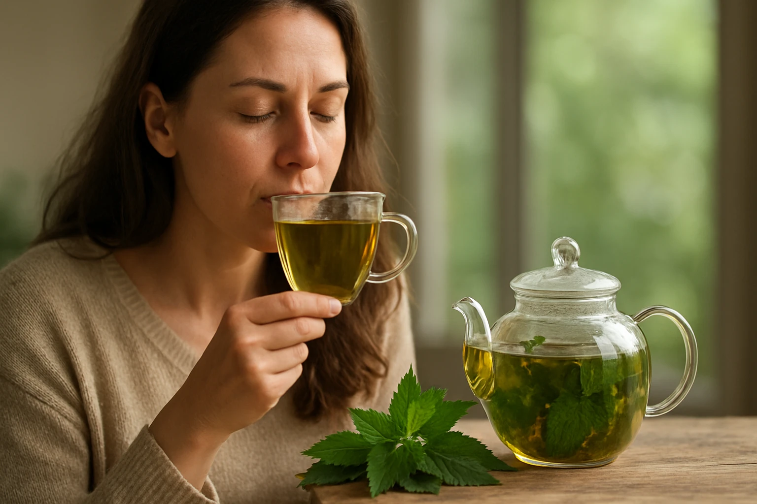Žena s uzavretými očami si vychutnáva šálku bylinkového čaju.