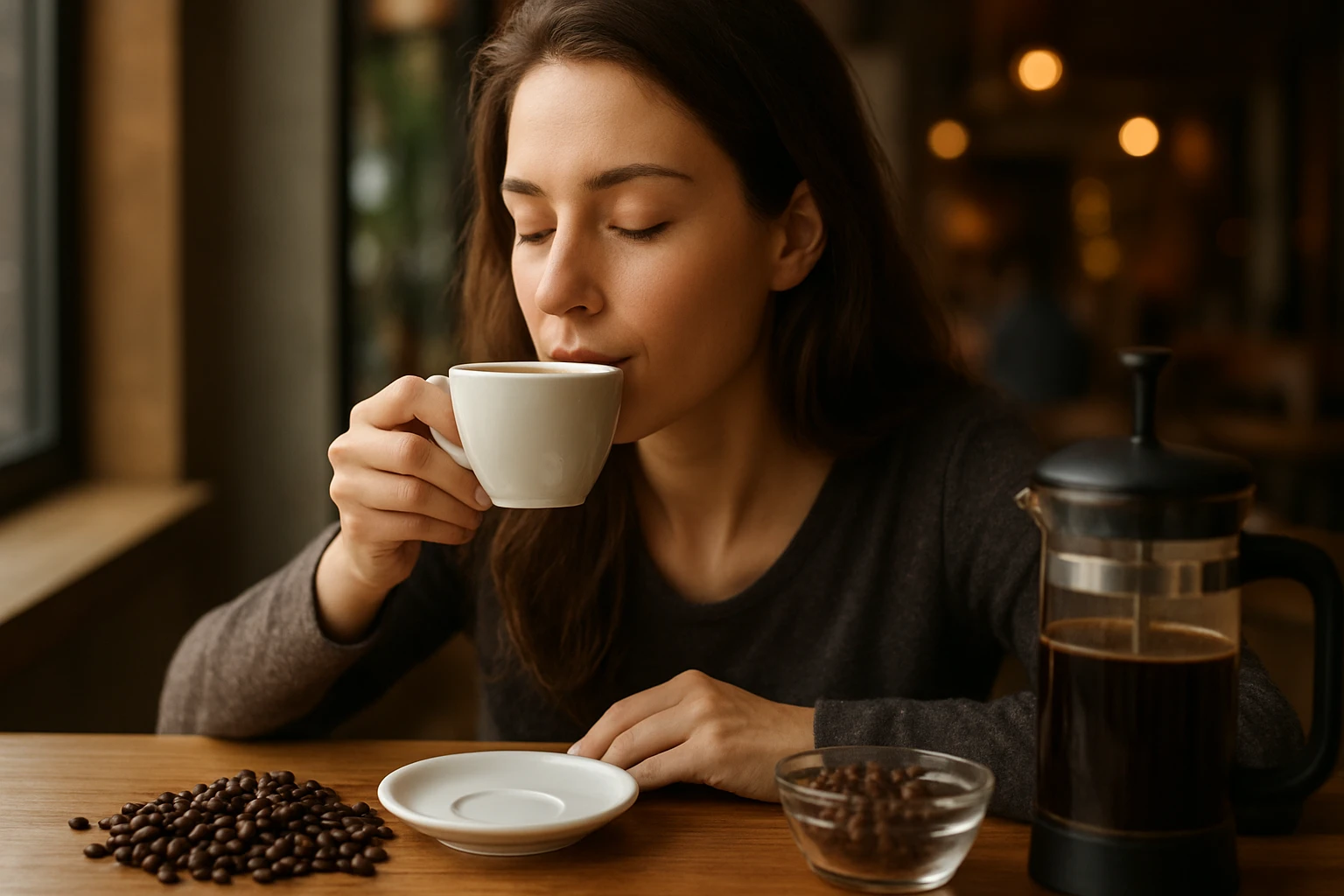 Žena si vychutnáva šálku kávy v útulnej kaviarni, okolo sú kávové zrná.