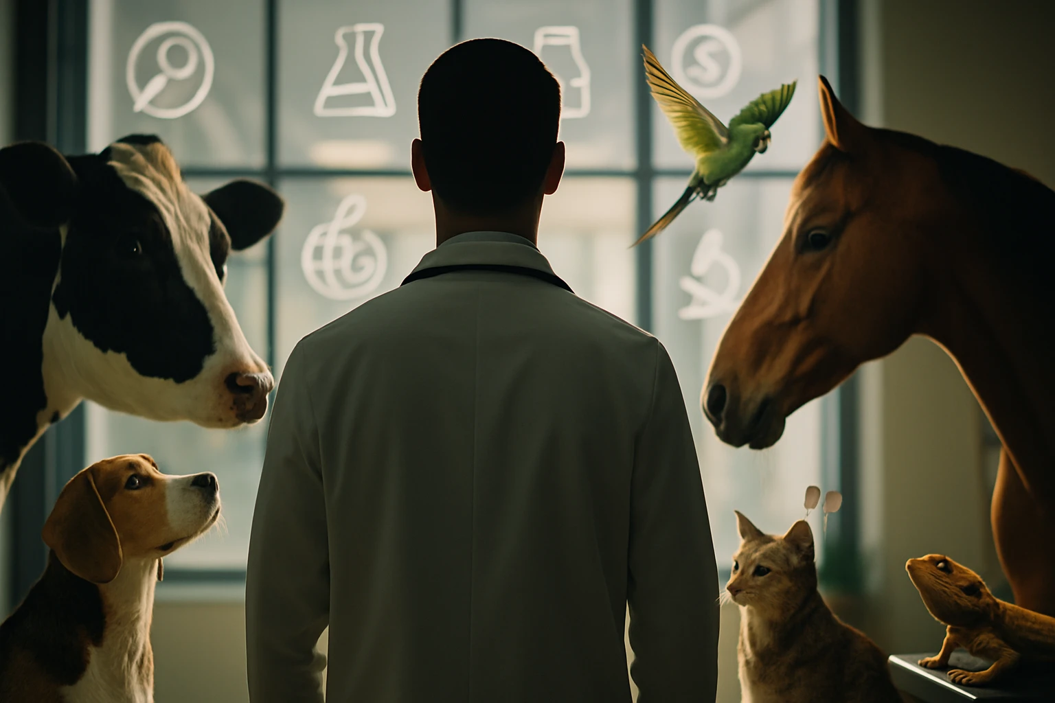 Veterinár stojí pred rôznymi zvieratami, vrátane psa, mačky a kravy.